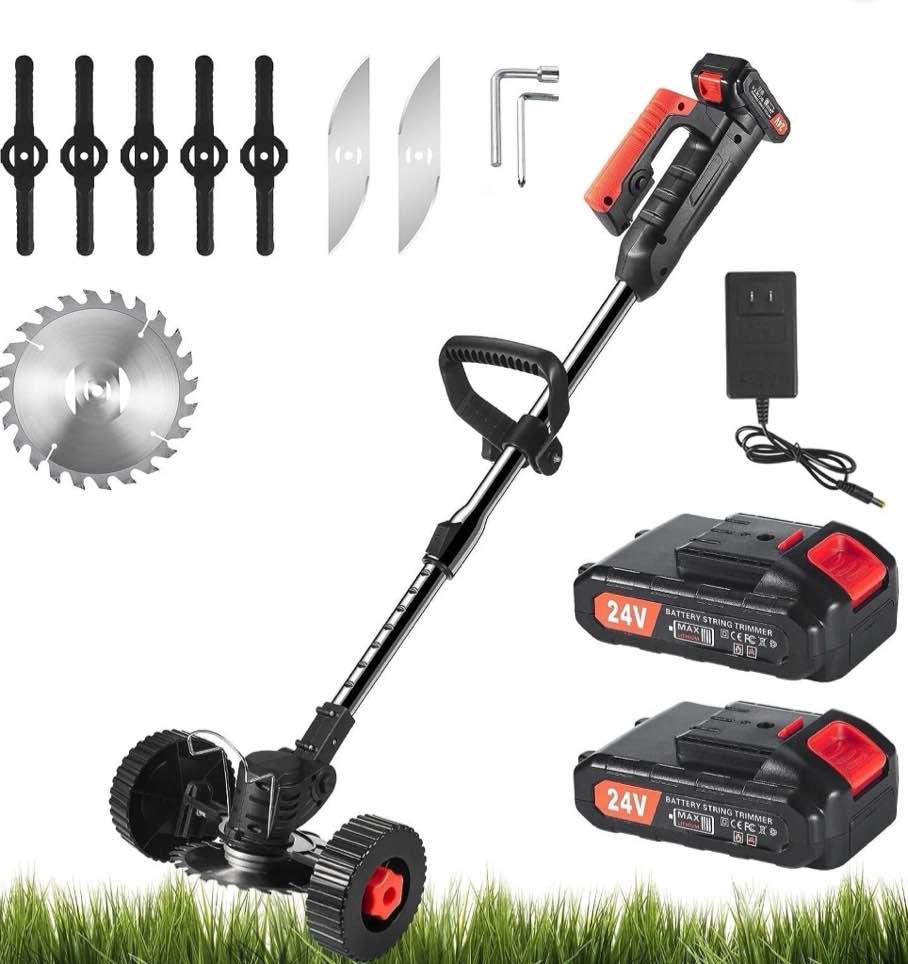 kingfurt cordless brush cutter 24v lawn mower with 2×2.0ah li-ion battery powered and 3 types cutting blade push wheeled for yard and garden black-red