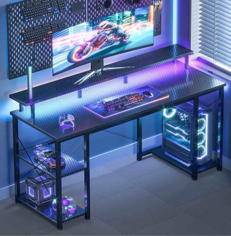 casacomoda 48 inch gaming desk with led lights, computer desk with monitor stand, storage shelves and cpu stand, home office desk, black