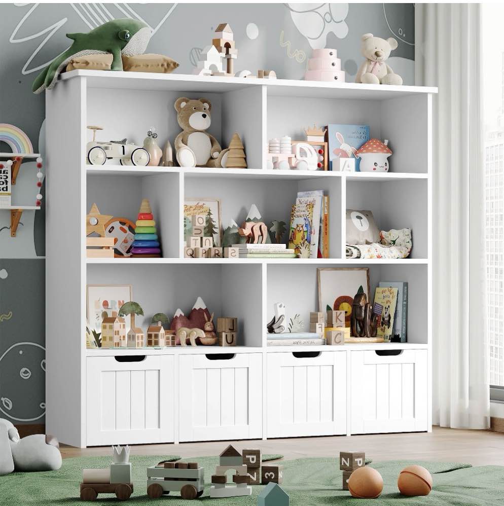 homfa 7 cube toy storage organizer, kids geometric bookcase and bookshelf with 4 drawers, white