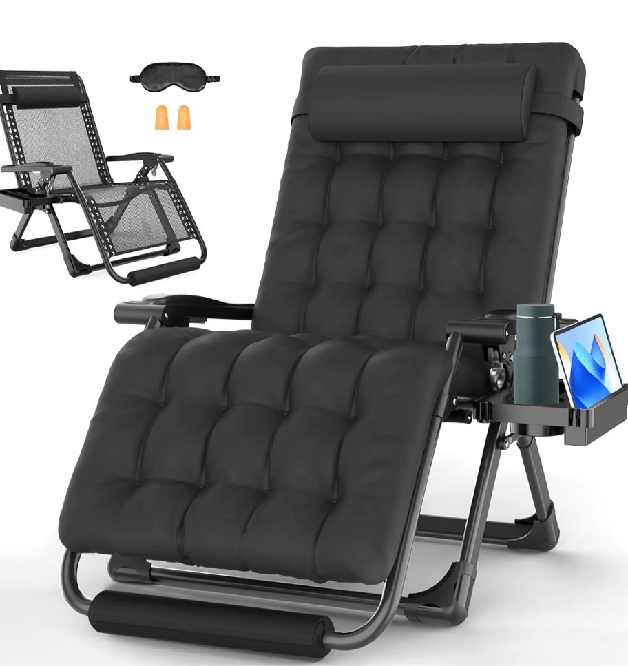 gvdv oversized zero gravity chair, 33in xxl lounge chair 500lbs capcity with removable thick cushion, lawn patio reclining chair upgraded alloy lock and cup holder, for indoor outdoor, black