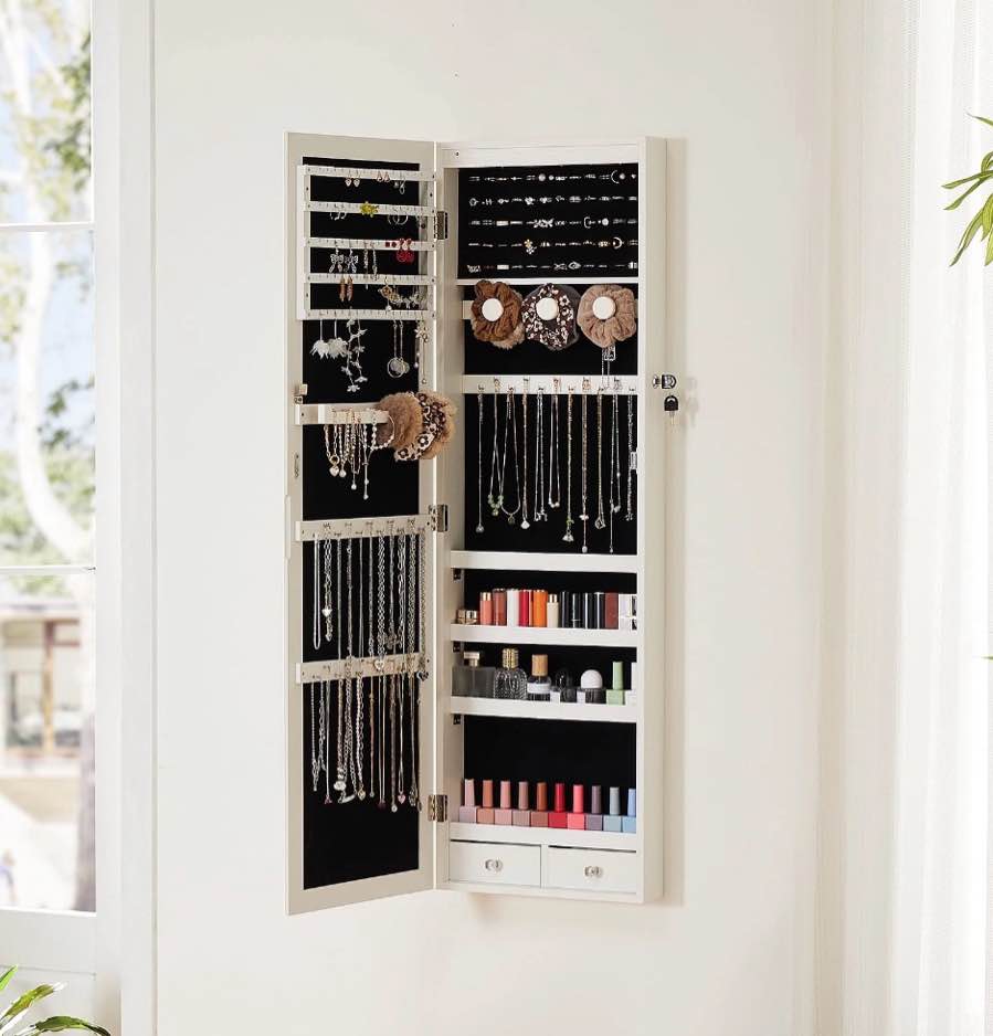 concetta 47" full-length mirror jewelry cabinet with 6 auto led lights, wall-mounted/door-hanging storage organizer