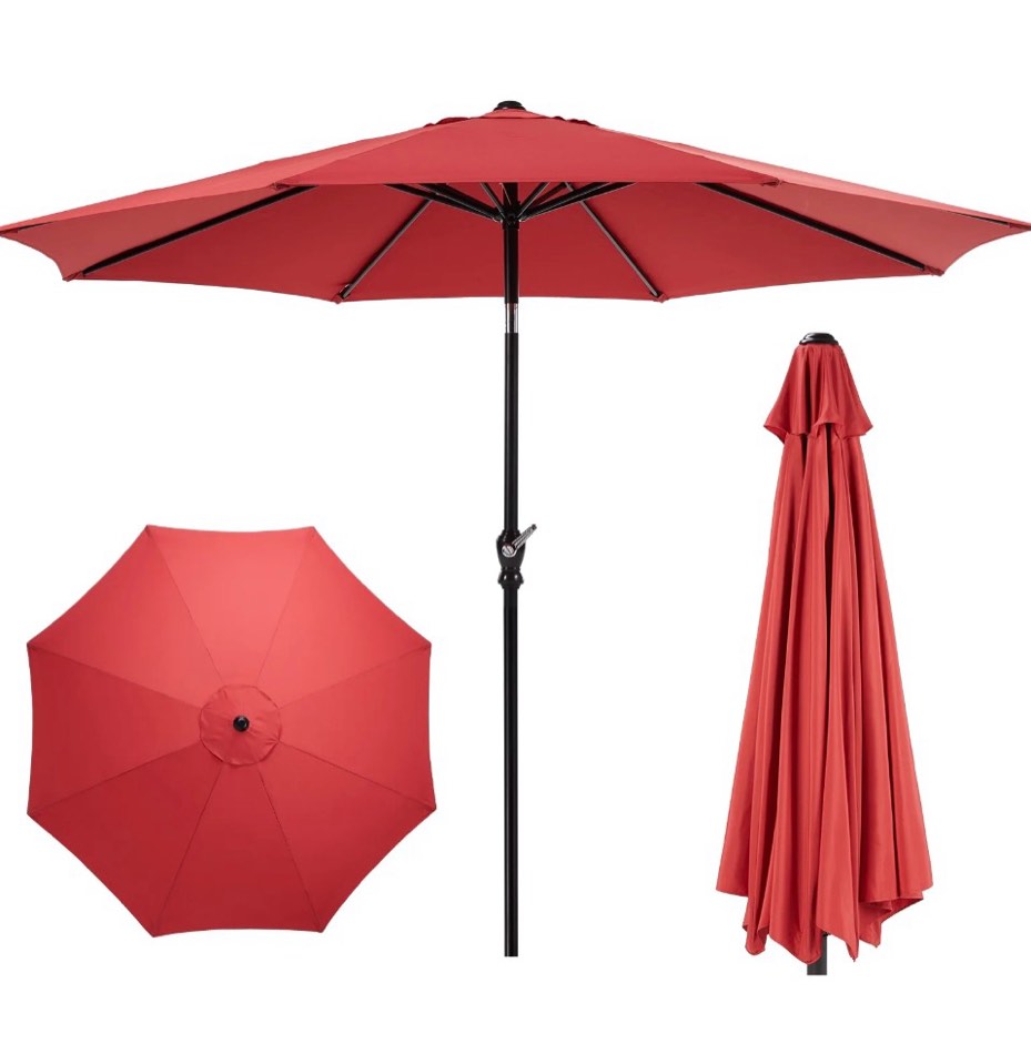 edx 9ft outdoor patio umbrella with push button tilt and crank handle, market umbrella with 8 sturdy umbrella ribs, uv protection, waterproof, red