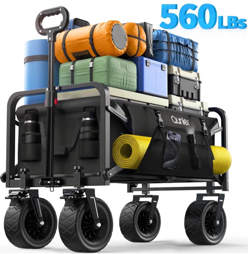 qunler collapsible wagon cart, 560lbs heavy duty large utility garden cart with brake wheels and side pocket for camping, shopping, kids, sports, grocery, black