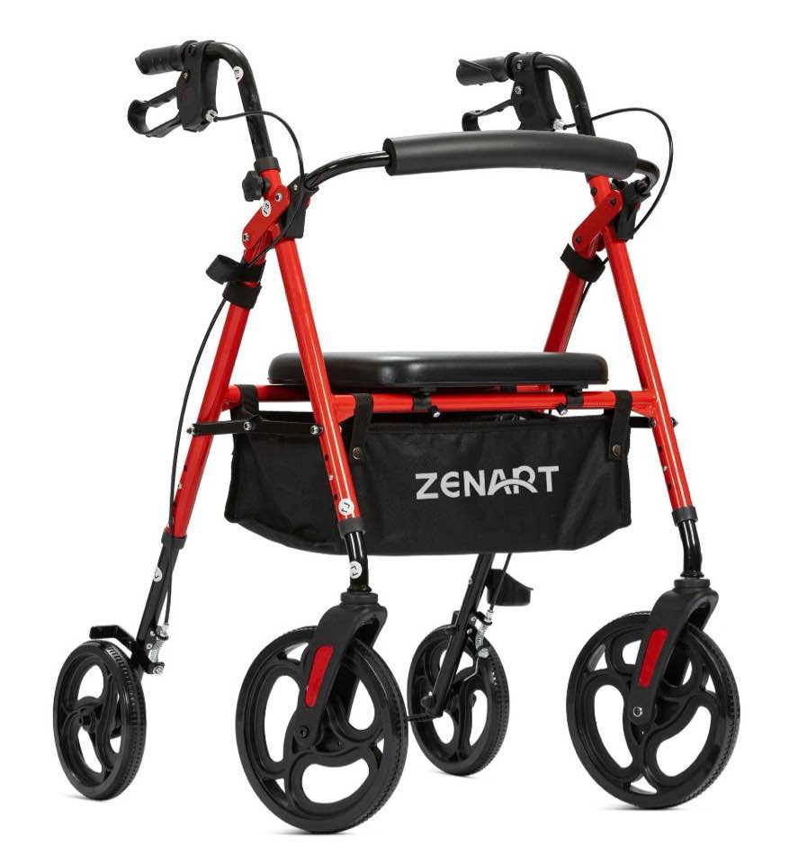 zenart mobility rollator walker for seniors adult with adjustable seat and 10" wheels, red