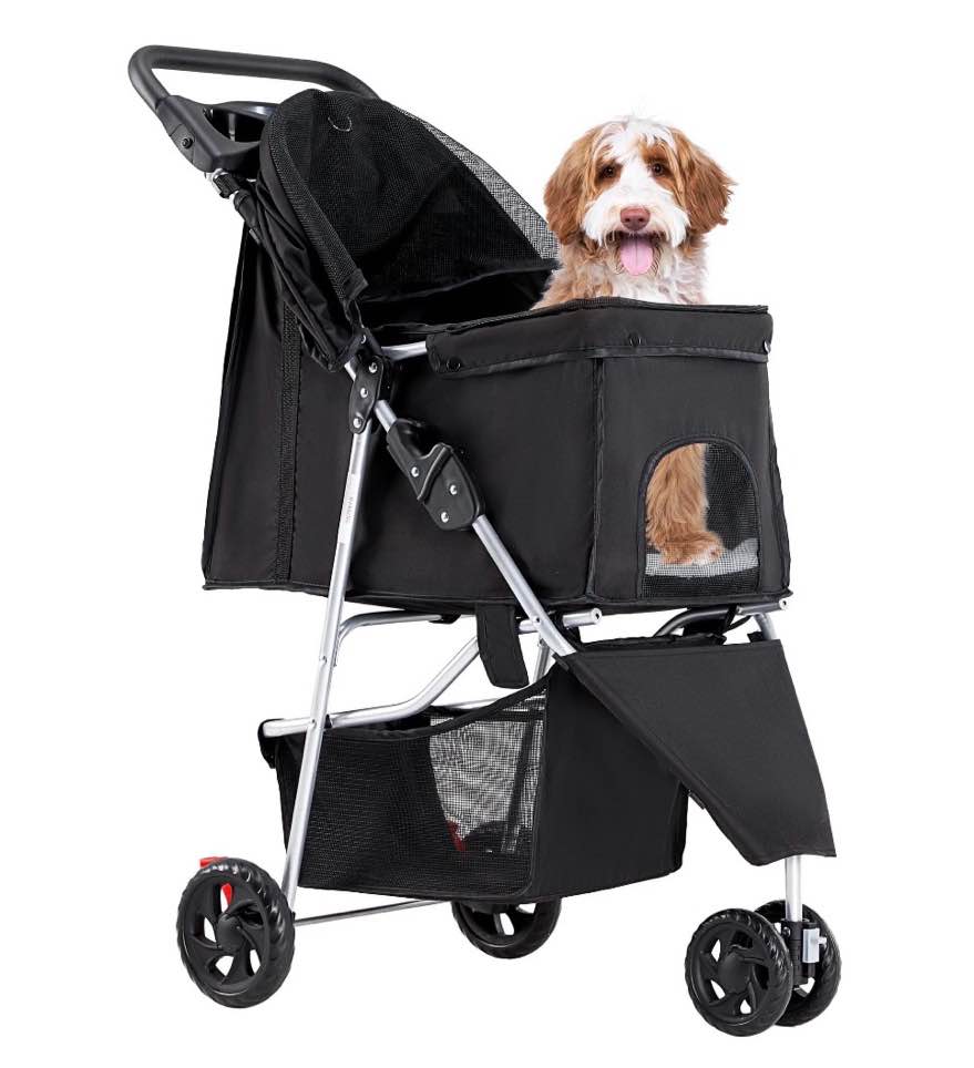 edx dog stroller pet travel folding carrier with storage basket for cat/dog 3 wheels black