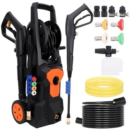 electric pressure washer 4500psi max 3.2 gpm 33ft hose w/ hose reel 4 connect nozzles foam cannon for cars fences driveways patios home cleanin