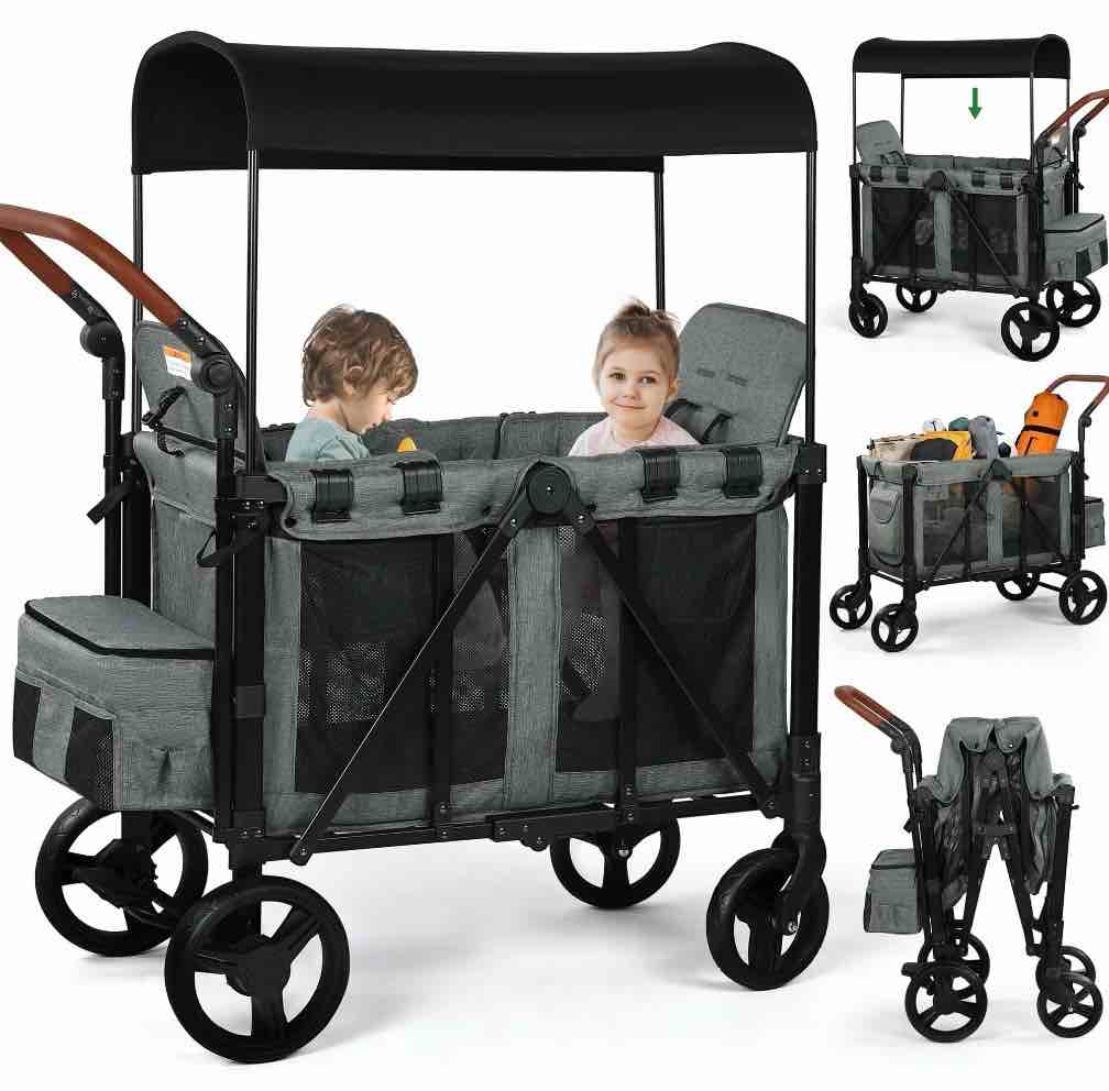 vomeast wagon stroller for 2 kids, 3-in-1 outdoor baby stroller wagon with canopy, 5-point harness, adjustable handlebars, removable seat for toddlers, grey