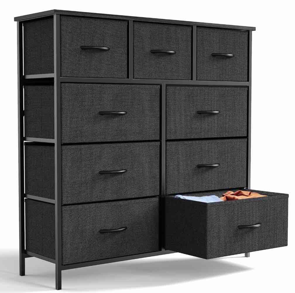 edx 9 drawer fabric dresser for bedroom, chest of drawer organizer storage cabinet for closet, entryway, black