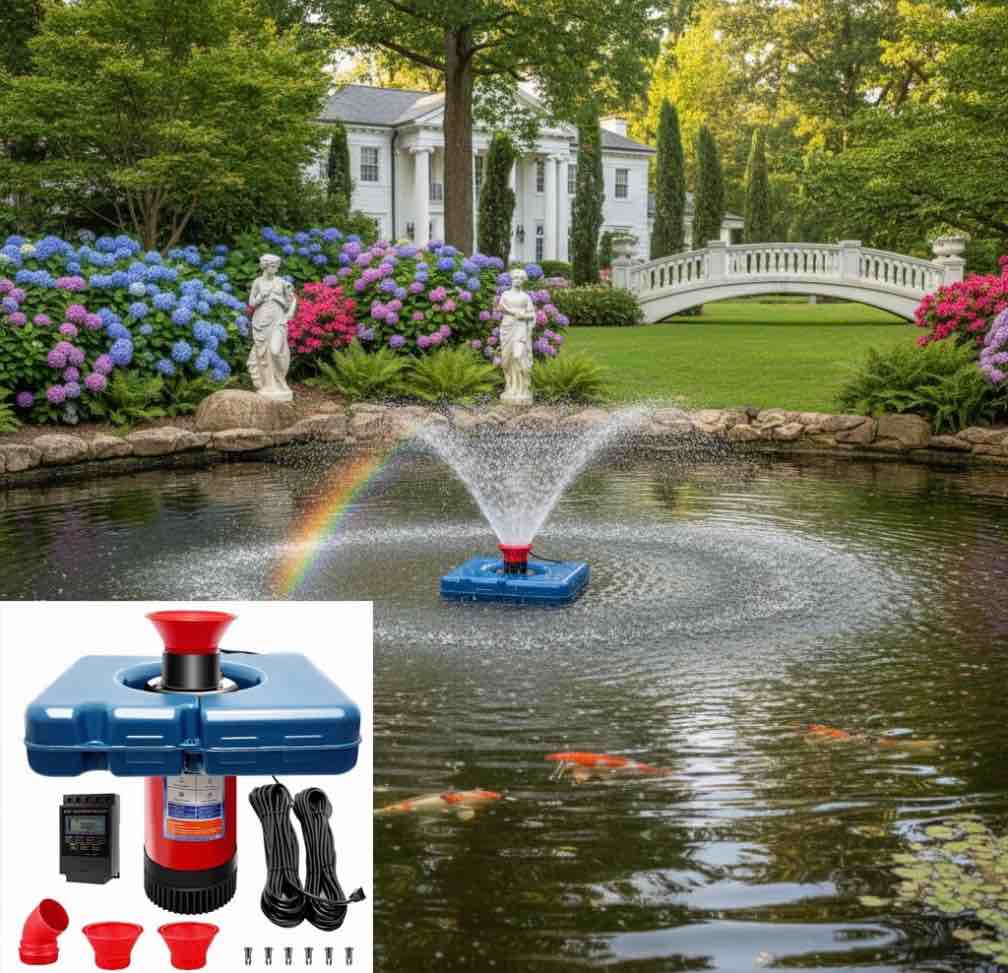 pond fountain aerator, 1hp 15000 gph pond aerator 750w, with 100 feet power cord, multifunctional timer controller for ponds & lakes water circulation