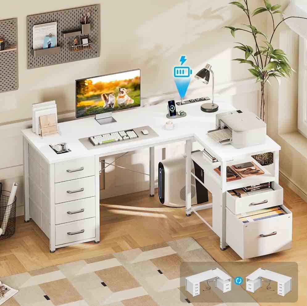 casacomoda 55 inch computer desk with 5 drawers and file cabinet for storage, office desk with storage shelf & power outlets, home office desks, white