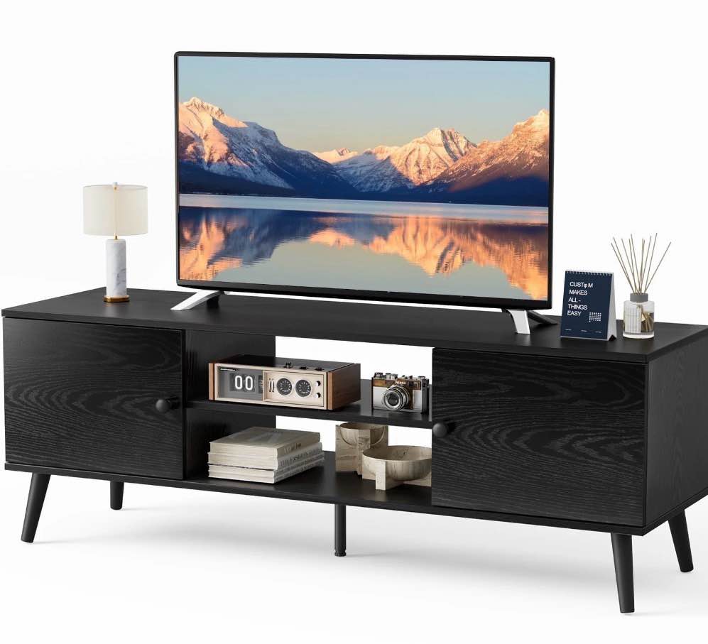 edx modern tv stand for 55-60 inch tv, mid century entertainment centre, media console table with storage for living room, office, black