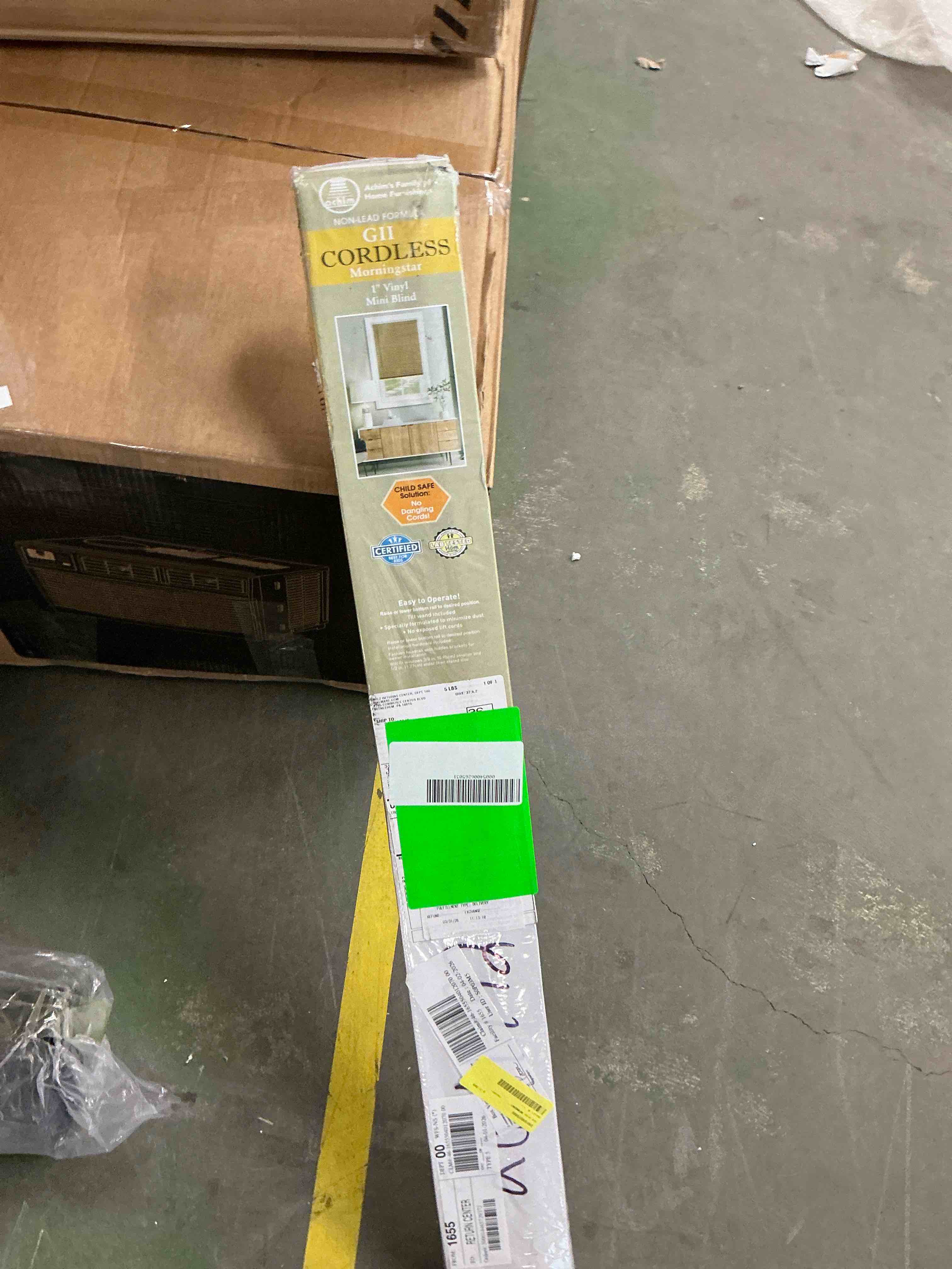 Condition photo showing New/Like New for achim gii morningstar indoor cordless woodtone vinyl light filtering window mini blind 64 l x 36 w