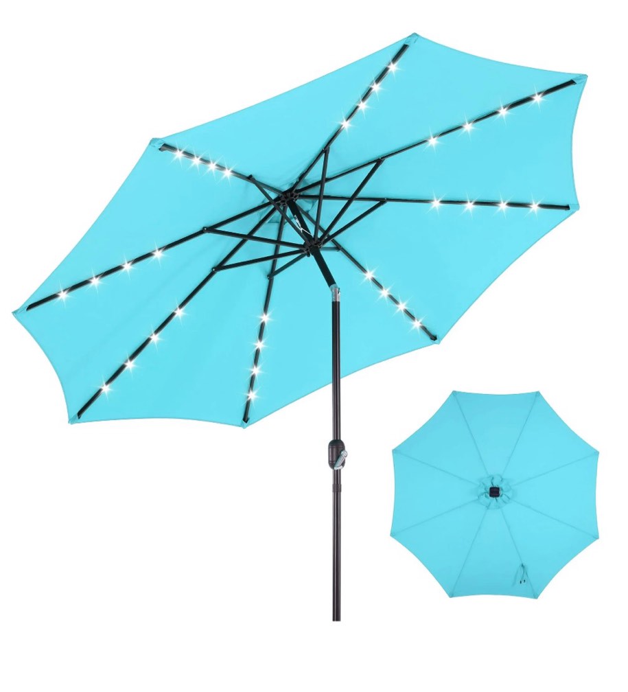 edx 10ft solar 32 led lights patio umbrella with tilt adjustment and uv-resistant polyester fabric?market umbrella for outdoor, lake blue