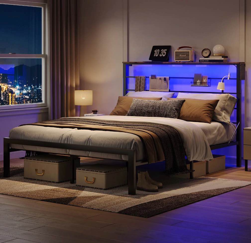 bestier queen size bed frame with 49.2" high led storage headboard shelf, metal platform bed, black