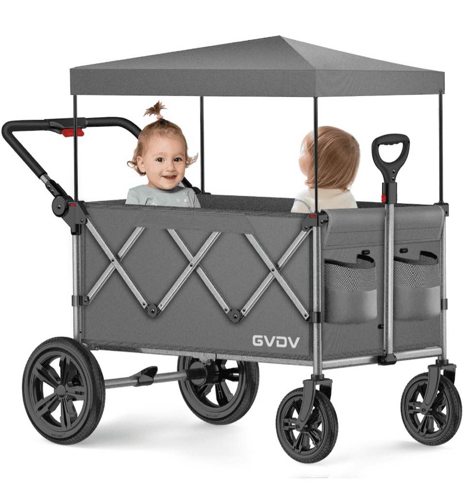 gvdv stroller wagon for kids, 3-in-1 collapsible double stroller wagon for toddlers, all-terrain baby stroller with removable canopy, adjustable push/pull handles, 5-point harness, gray