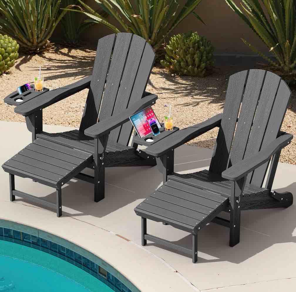 kingyes folding adirondack chair set of 2, adjustable backrest with pull-out footrest & 4-in-1 mobile phone, tablet, cup holder tray, hdpe plastic adirondack chair for patio garden outdoors fire pit