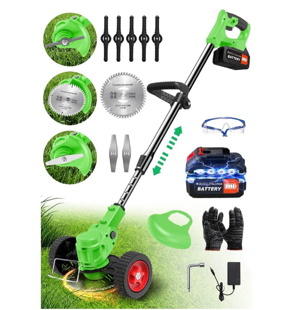 tntants weed wacker cordless, 3-in-1 lightweight electric string trimmer with 3 types of blades, wheels, 24v battery, weed eater grass trimmer/edger/brush cutter for lawn yard garden (green)