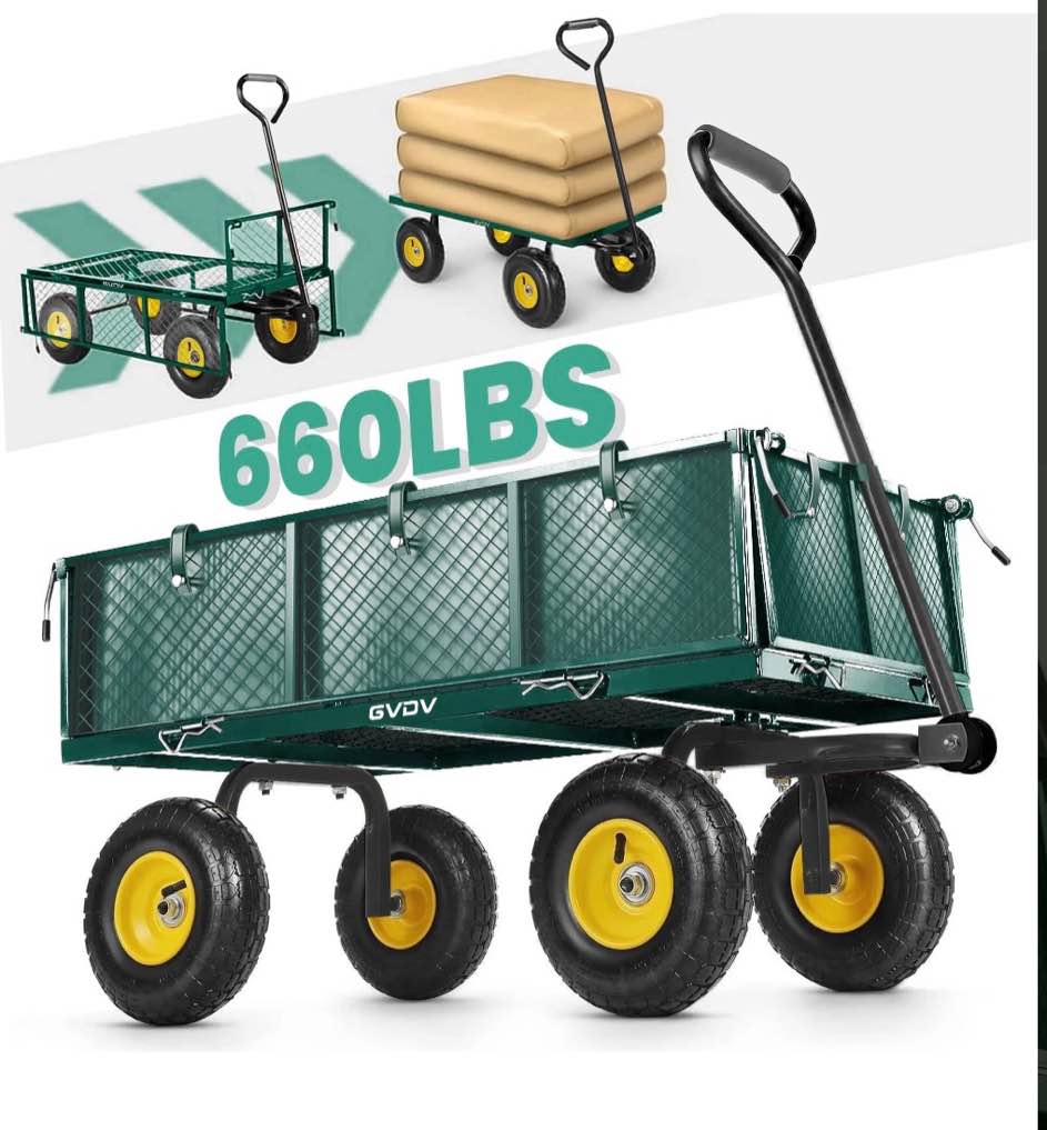 gvdv heavy duty steel garden cart with liner, 40" x 20", 660lbs capacity, 10" wheels, utility cart for yard work hauling and outdoor use, black/green
