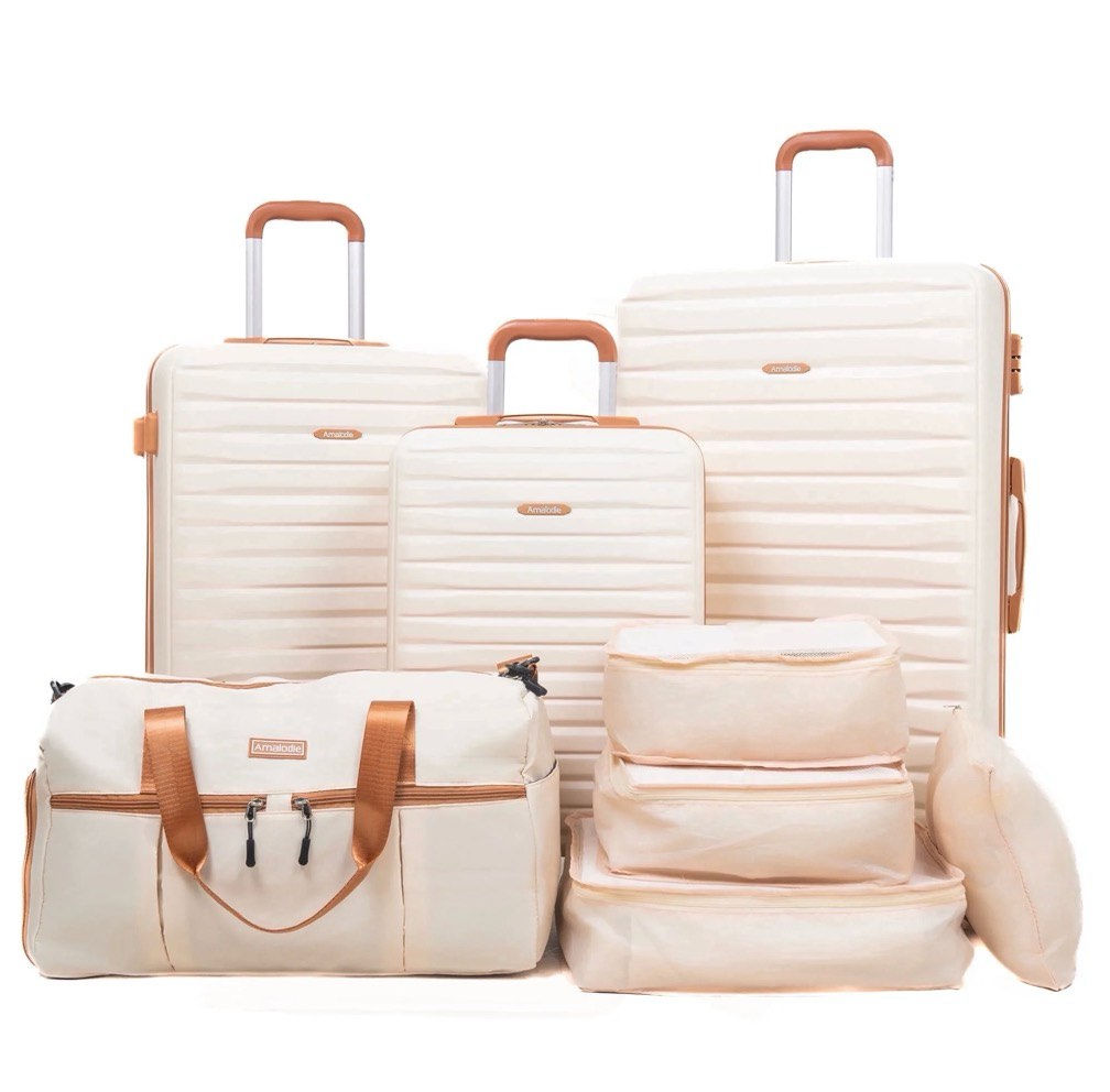 hardside luggage sets 3 piece, hardshell suitcase tsa lock spinner wheel with travel duffle bag and 4 packing cube.beige
