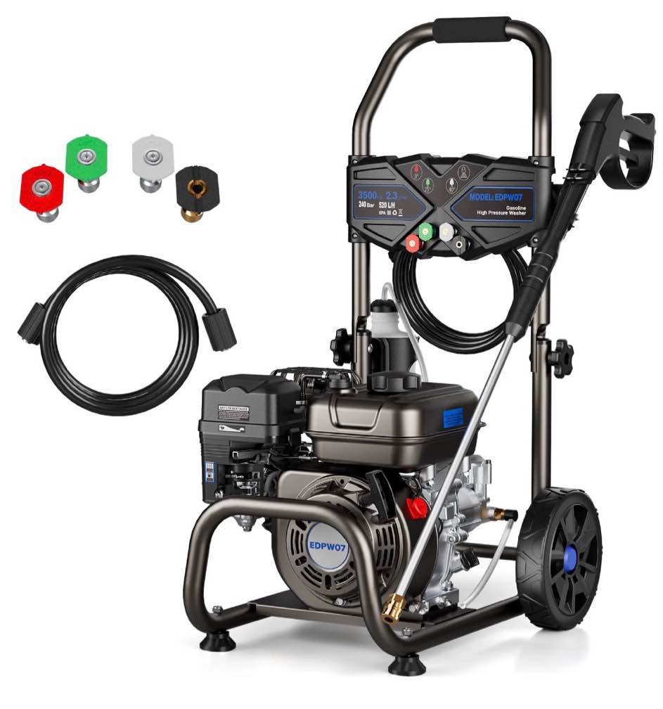 efurden 3500psi 2.3gpm gas pressure washer with 209cc 7hp engine, 4 quick connect nozzles, 25ft pressure hose & soap tank