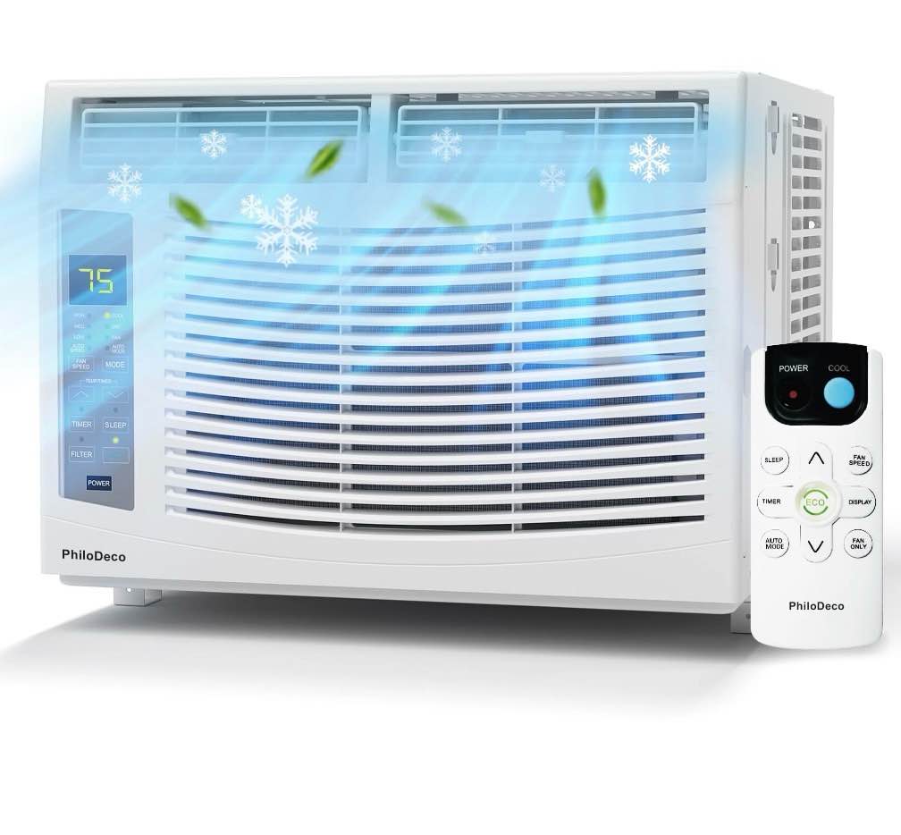 philodeco 6000 btu window air conditioner cool to 250 sq ft intelligent led remote control easy to clean filter screen can be used as a dehumidifier/fan operates quietly and is energy-saving