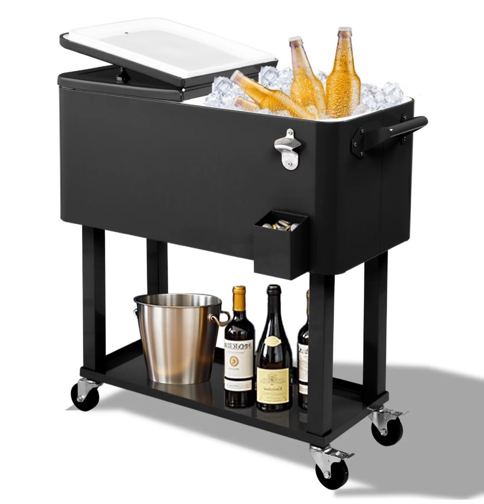 ktaxon 80 qt rolling ice chest cooler cart outdoor trolley with storage shelf bottle opener & cap collector for 48 hour cold drinks black