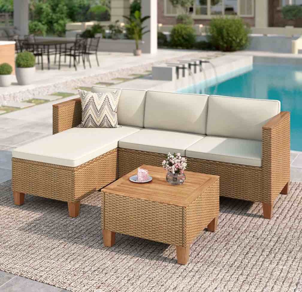 mf studio 3-piece patio furniture conversation set, weather-resistant wicker outdoor sectional sofa set with table & cushions, small balcony & porch friendly