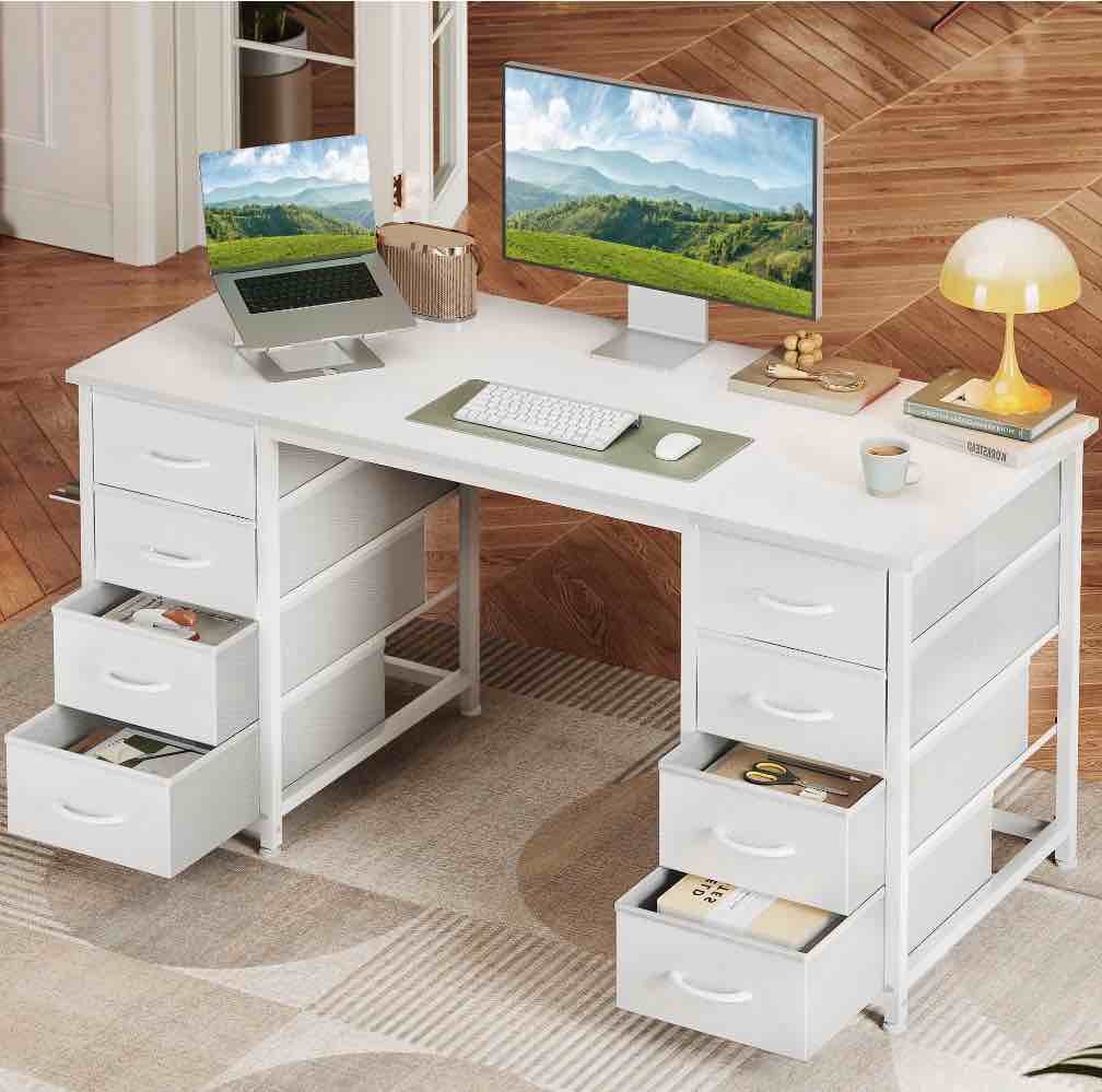 white computer desk with drawers for storage - 48 inch home office desk with 8 fabric drawers, writing study desk with drawers on both sides for bedroom