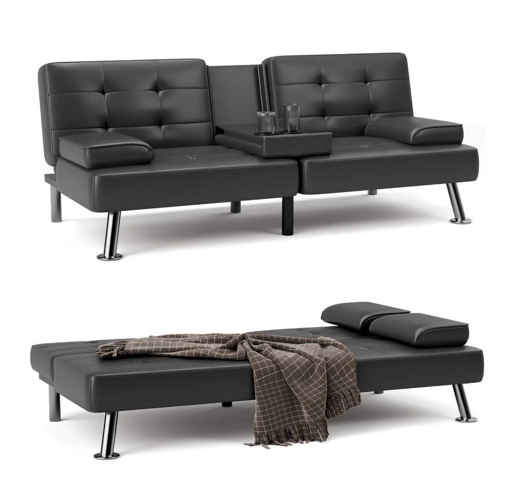 furmax 3-in-1 futon sofa bed convertible couch – faux leather recliner with cup holders for living room, apartment & small space, black