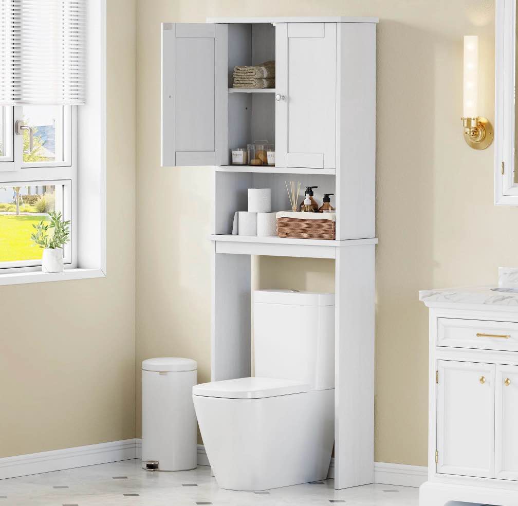 walsunny over the toilet storage cabinet bathroom shelves organizer space saver freestanding restroom shelf with doors anti-tip device adjustable shelf white