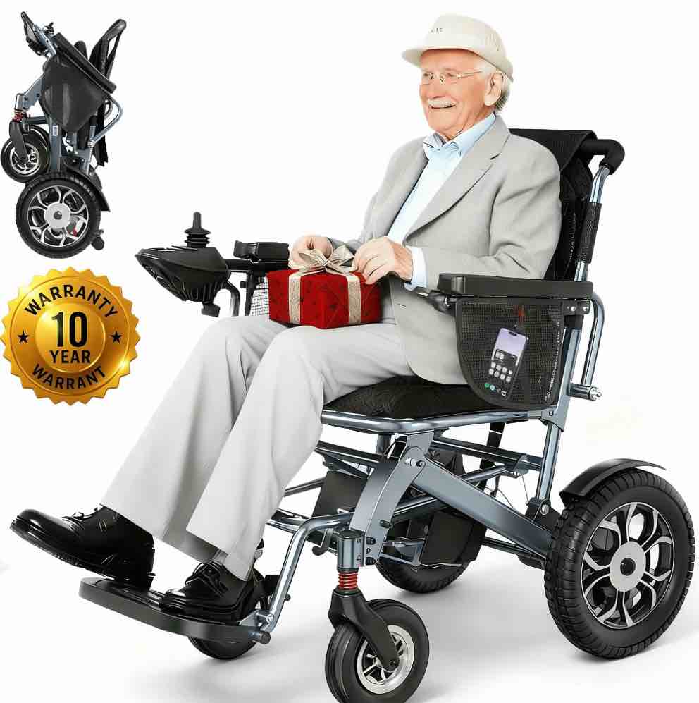 sacvon lightweight foldable electric wheelchair, 56 lbs, all-terrain design, 22-mile range, 2 storage bags,free lifetime support
