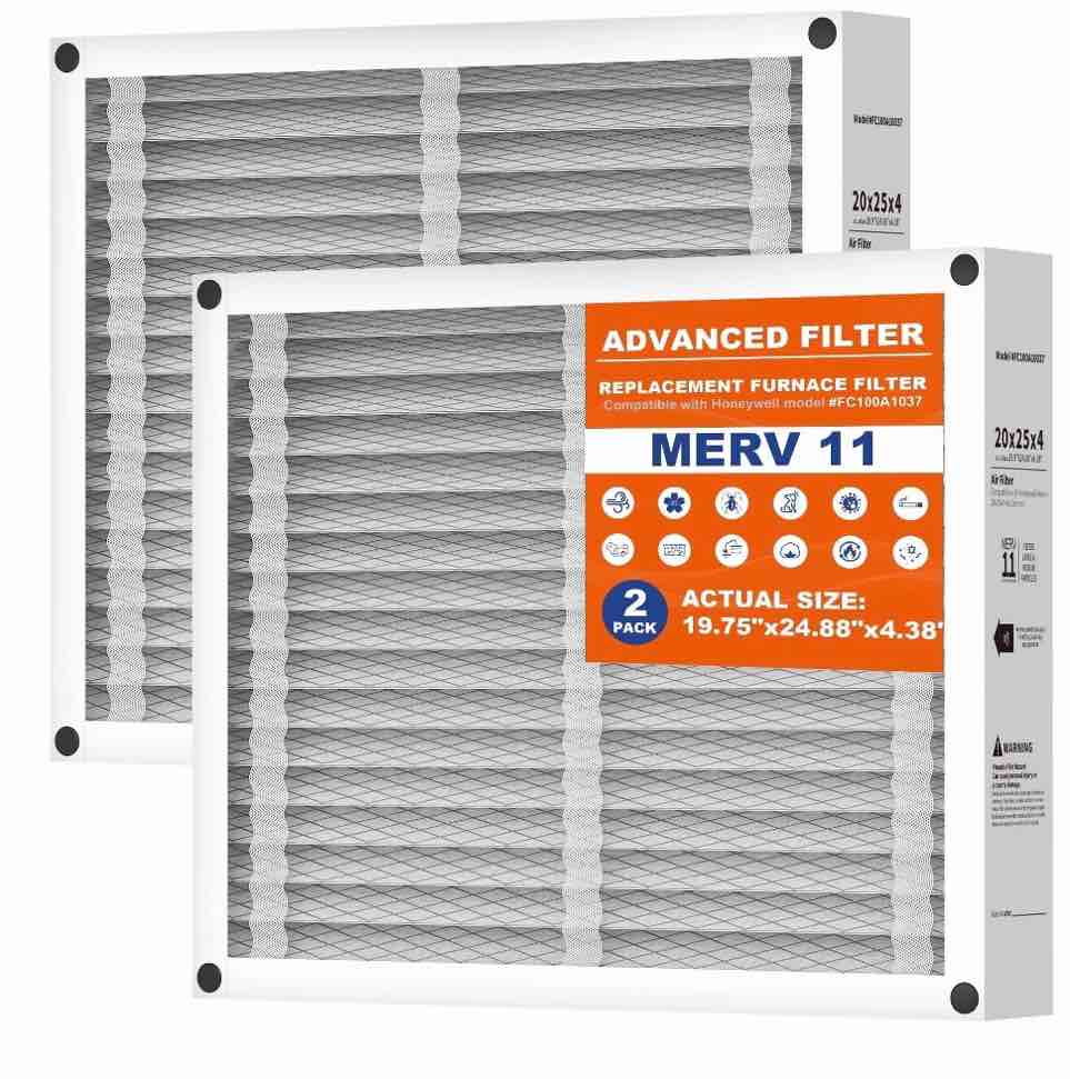 20x25x4 air filter replacement compatible with honeywell fc100a1037 hvac ac furnace merv 11 filters actual size: 19.75’’x24.88’’x 4.38’’-2pack