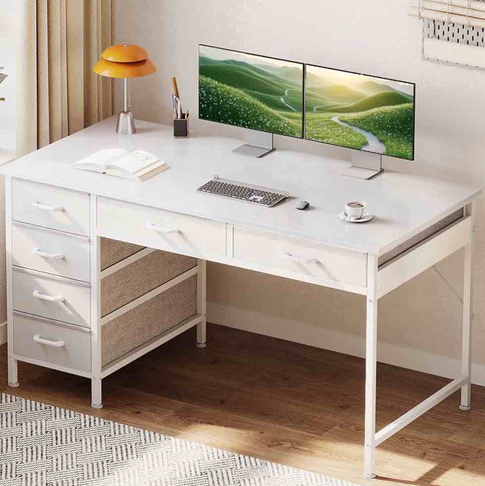 casacomoda 48" home office desk with 6 drawers, small space computer desk with reversible storage, corner computer desk, white