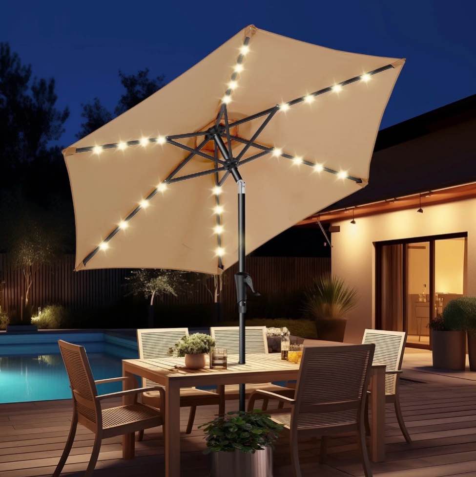 7.5ft solar polyester 18 led lighted patio umbrella with tilt adjustment and uv-resistant fabric,for garden,deck,backyard,pool and beach