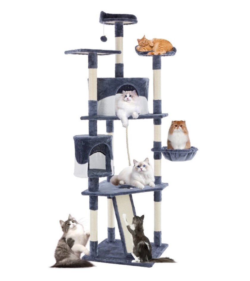 edx 79" cat tree tower for indoor cats, multi-level durable cat climbing tower, large pet house with natural sisal scratching post, cozy condo, extended platform, basket, kitten toy, dark blue