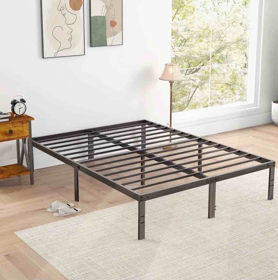 edx 14" high full size bed frame no box spring needed, heavy duty metal with sturdy steel slat support and under bed storage full