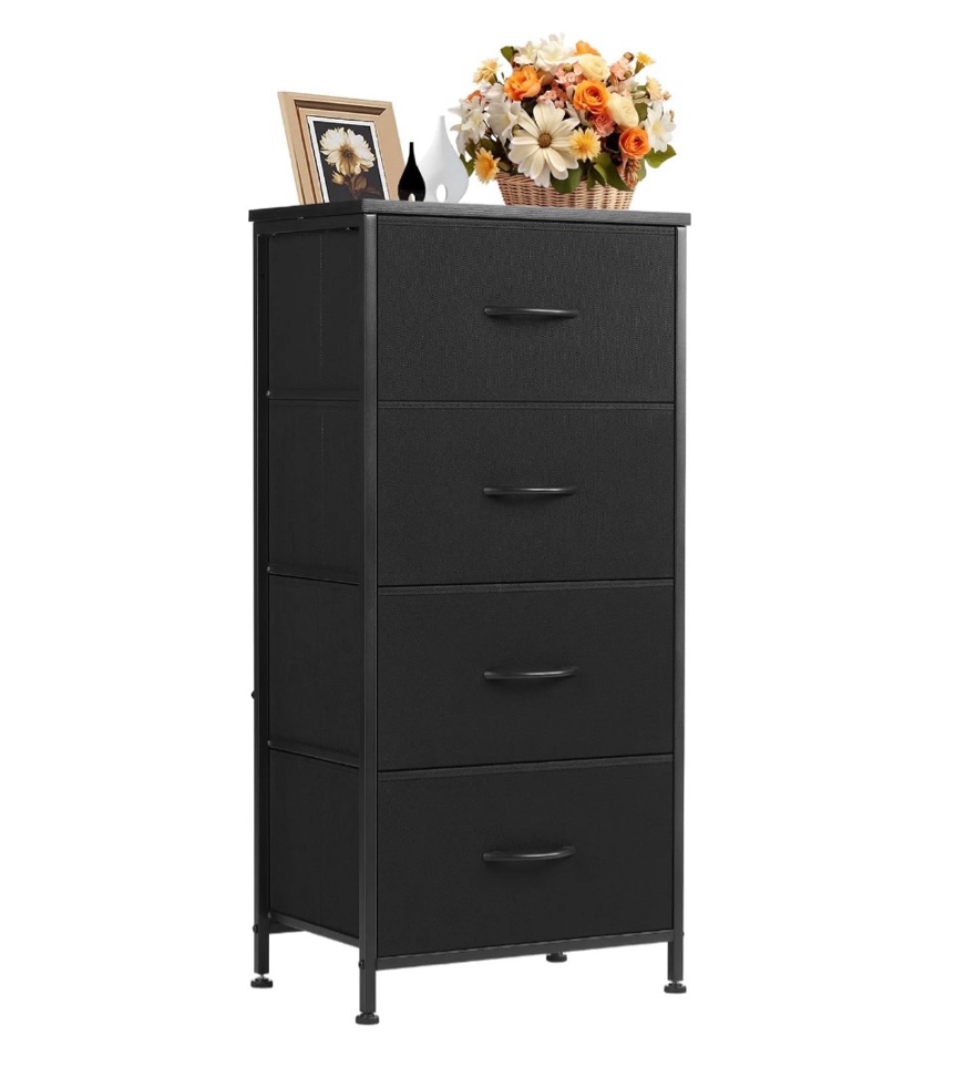 concetta 4 drawer dresser, wide chest drawers nightstand storage tower storage fabric dresser with wood top for living room, bedroom, closet, black