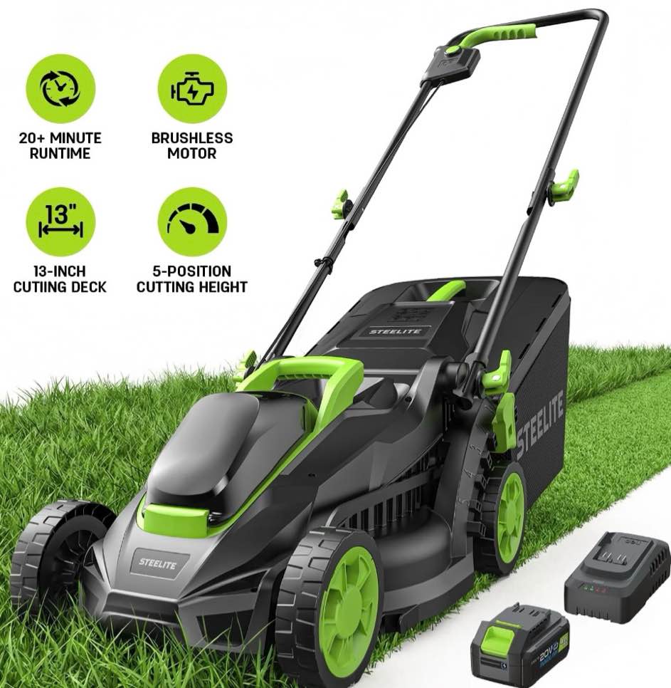 steelite 13-inch cordless lawn mower, 21v electric lawn mowers with brushless motor for garden,5 heights adjustment, 4.0ah battery & charger included