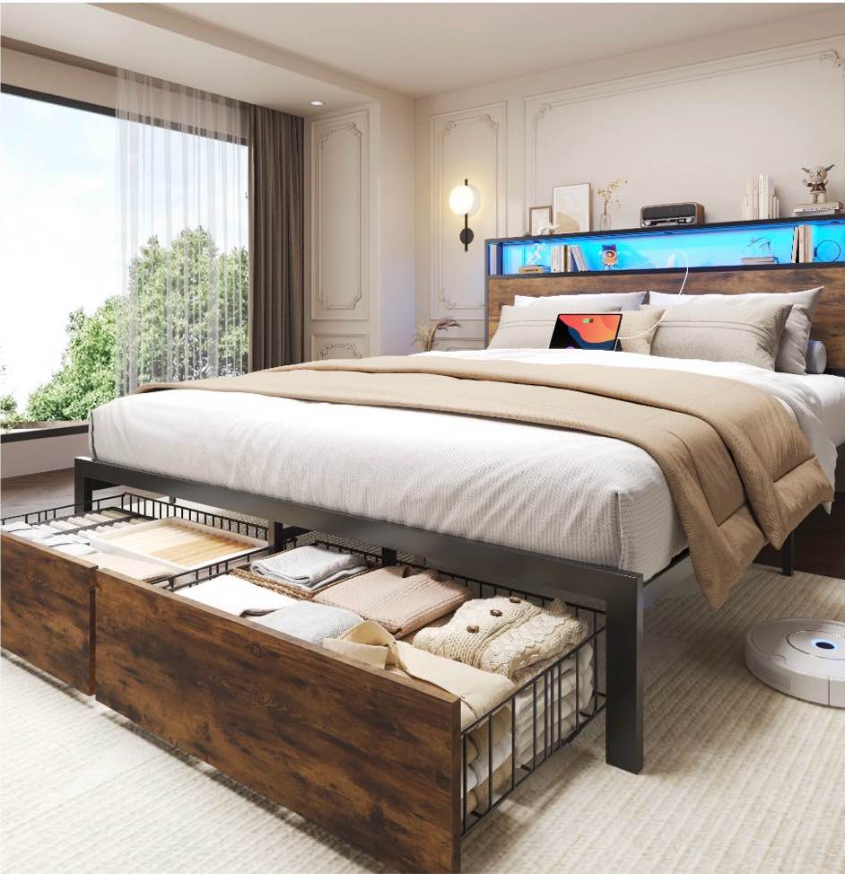 fluest queen bed frame with 2-tier storage headboard, metal bed frame with storage drawers & built-in charging station & led, noise-free, no box spring needed, easy assembly, retro brown