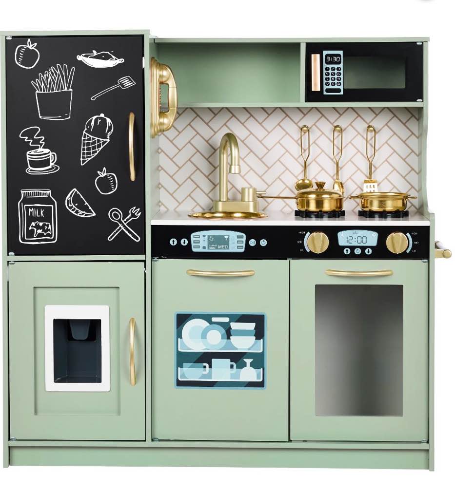 best choice products pretend play kitchen wooden toy set for kids w/ telephone, utensils, oven, microwave - sage