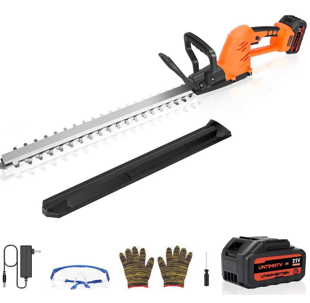 hedge trimmer cordless, untimaty 21v electric hedge trimmer with 3.0ah battery and charger for bush shrub cutting, trimming, orange