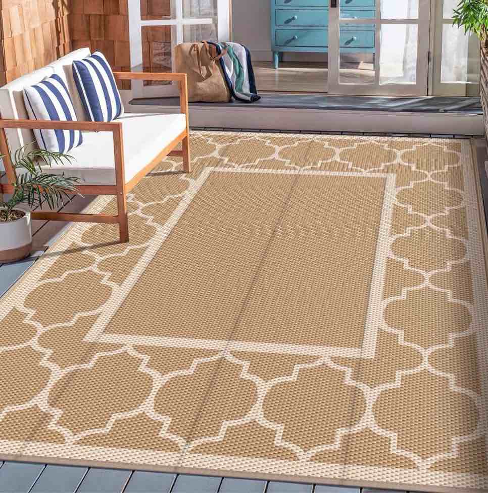 deorab outdoor rugs waterproof plastic straw mat 8 x10 reversible for rv patio deck beach brown & beige