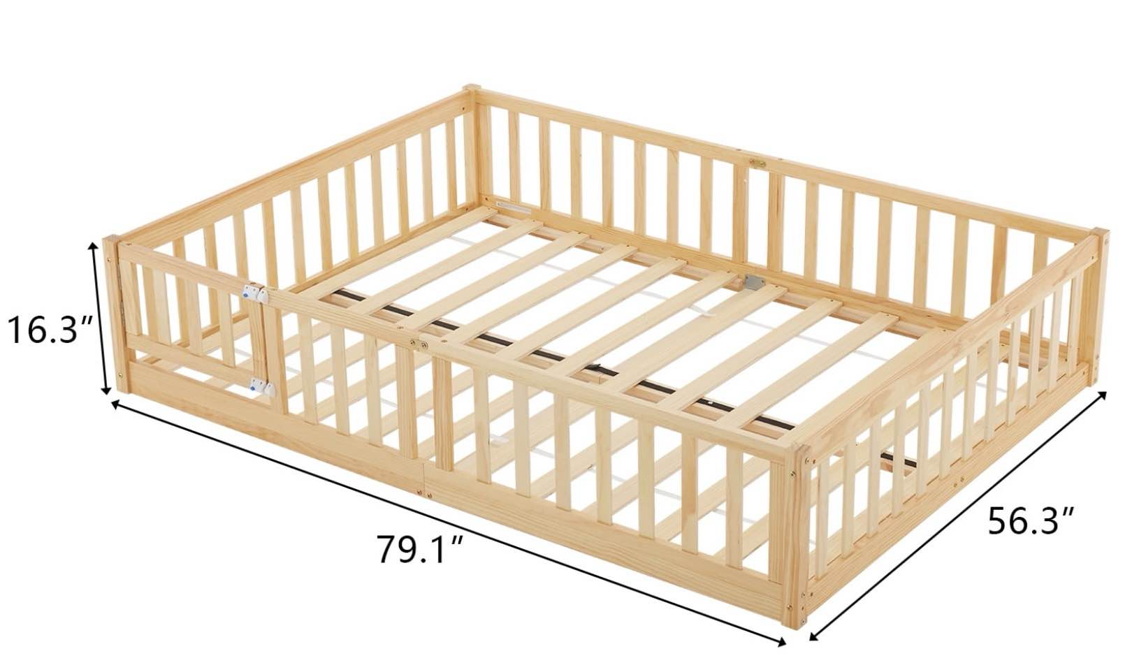 Zimtown Montessori Floor Bed Frame, Full Size Kids Toddler Bed with Fence and Door, Wooden Platform Bed, Natural Color