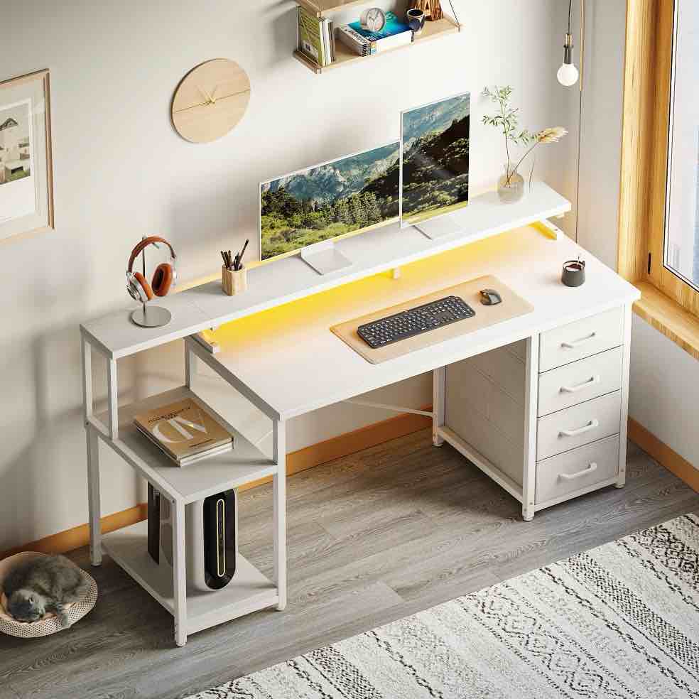 Casacomoda 55 Inch Computer Desk with LED Light, Monitor  Stand, Desk with 4 Drawers, Home Office Desk with Storage Shelves, White Office Desks, White