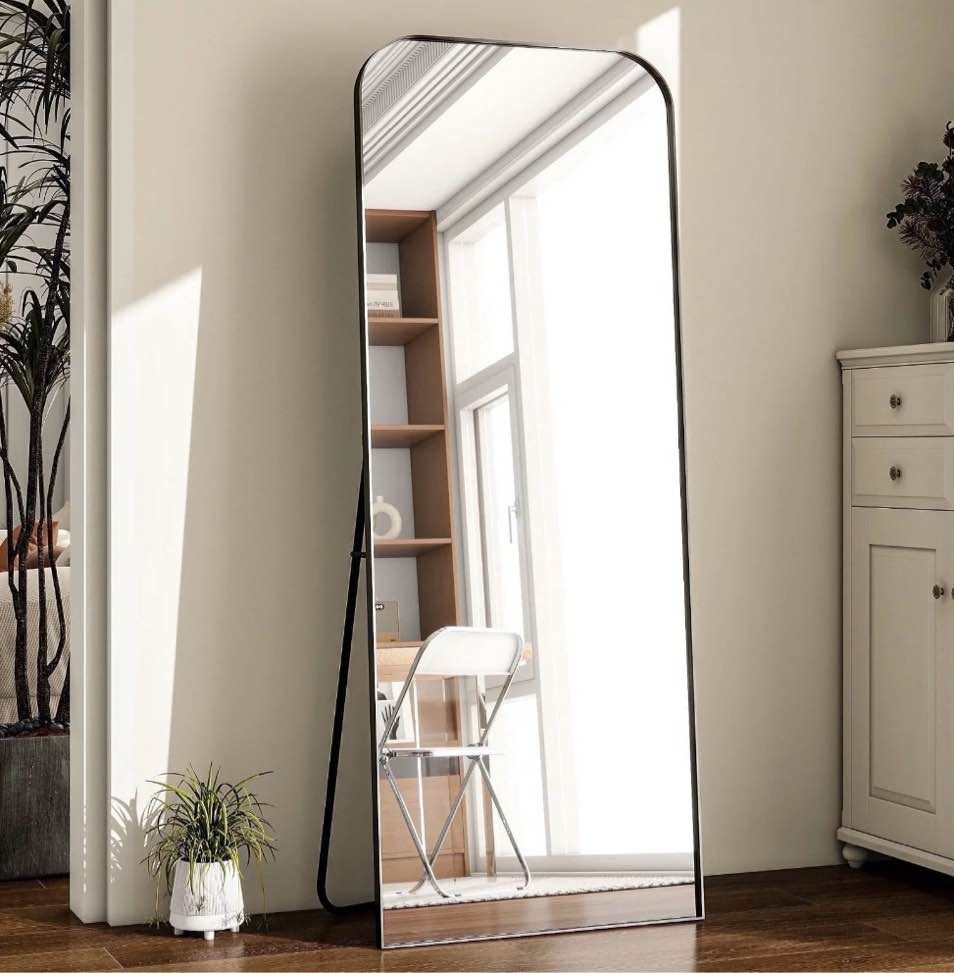 YVANLA 26 x71  Top Rounded Corner Full Length Floor Mirror with Aluminum Alloy Frame  Black