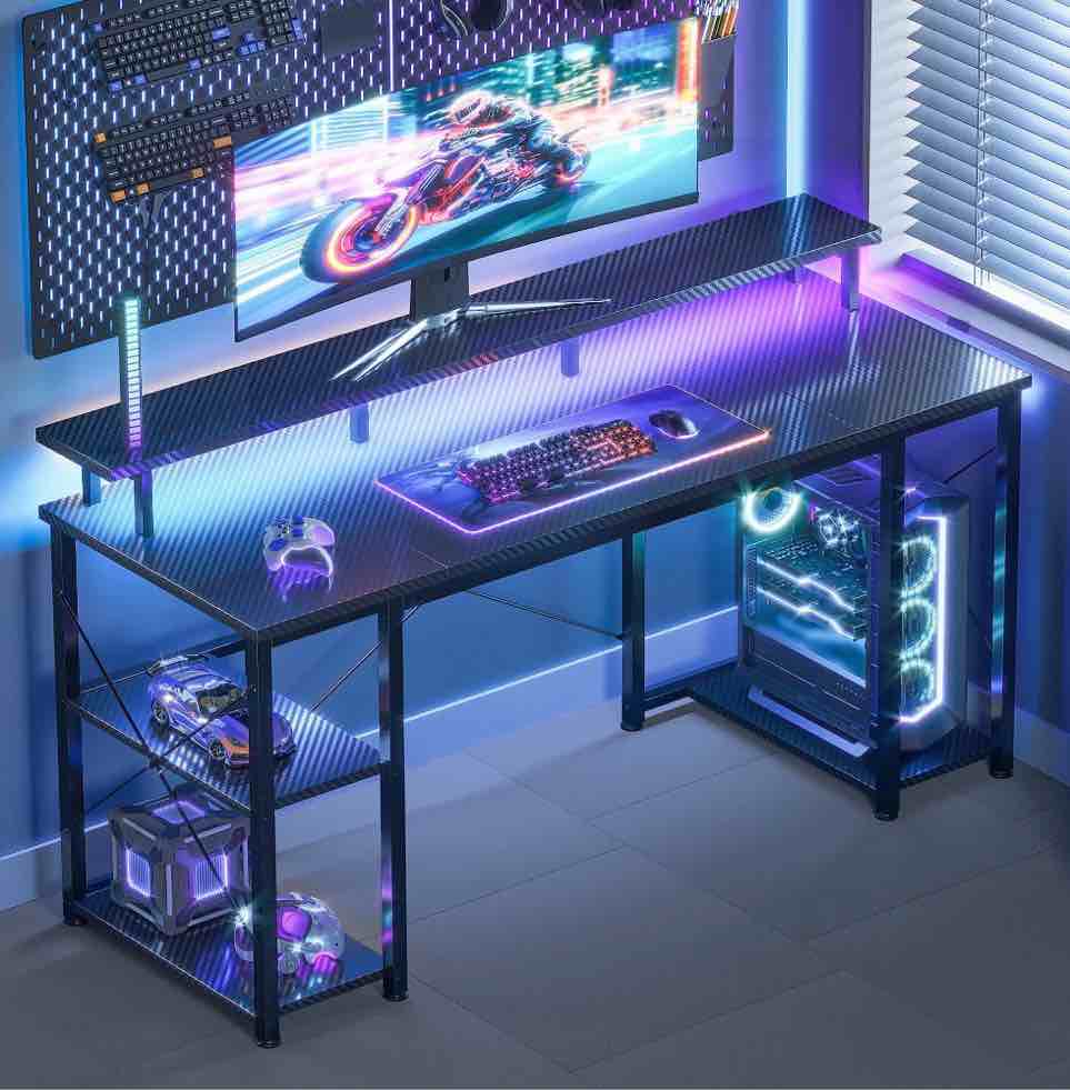 casacomoda 48 inch gaming desk with led lights, computer desk with monitor stand, storage shelves and cpu stand, home office desk, black