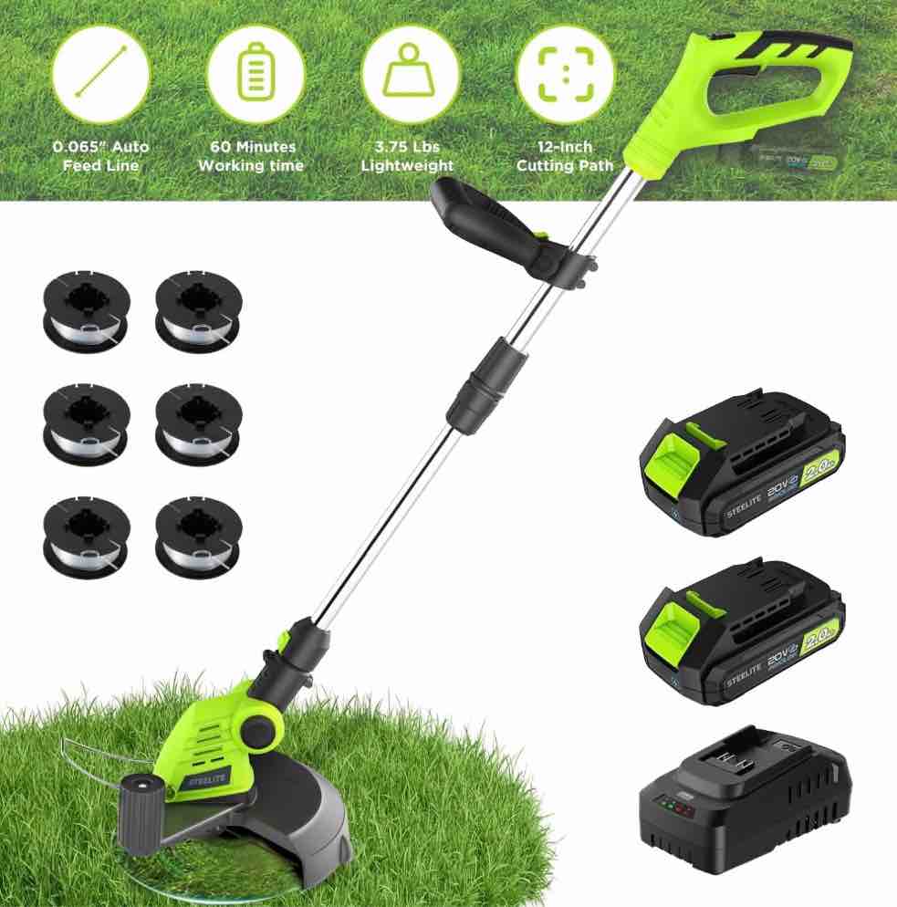steelite 12-inch 21v cordless string trimmer, battery powered weed wacker & lightweight grass trimmer with 2 x 2.0ah batteries and charger, electric g