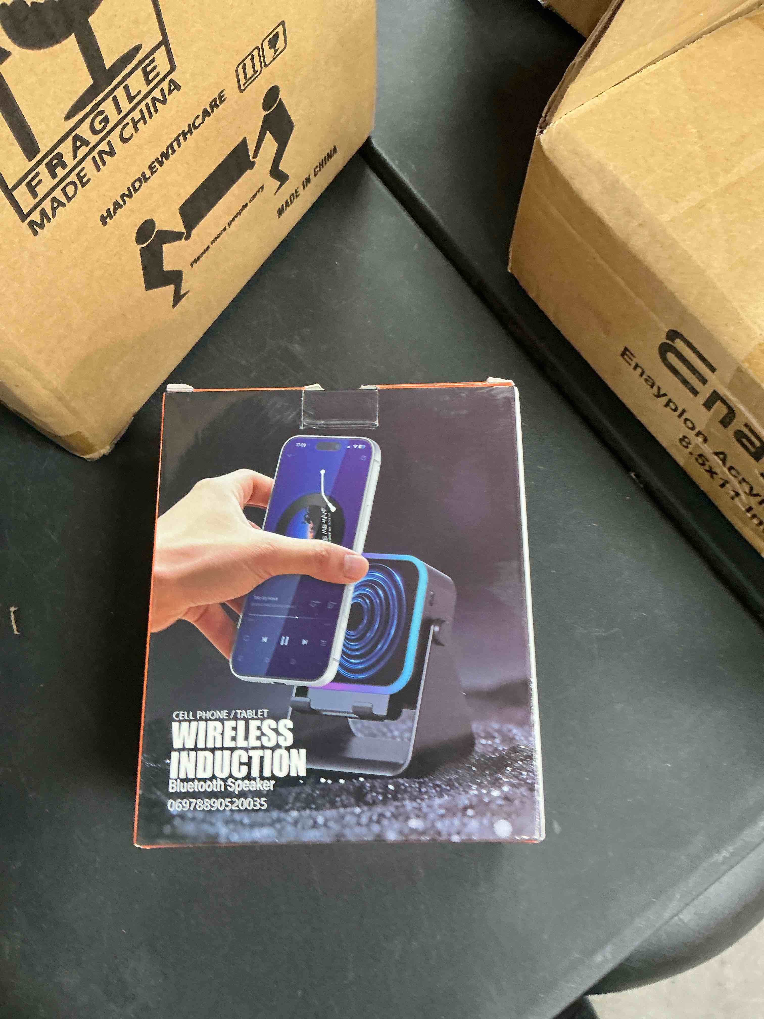 Condition photo showing New/Like New for wireless bluetooth induction speaker, phone speaker amplifier with colorful lights & 3500mah battery, portable phone stand compatible with iphone/ipad/android/samsung - white