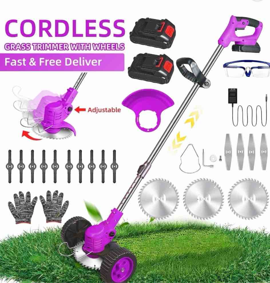 The Latest Small Portable Cordless Electric Lawn Mower/Lawn Cutter with 2 High-Capacity Lithium Batteries And 3 Types of Blades, Many Gifts, Multi-Function Weed Cutter for Yard and Garden(Purple)