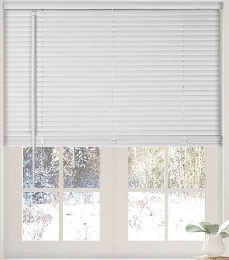 Calyx Interiors Cordless White 1” Light Filtering Mini Blinds 33.5 W x 48 H Window Blinds for Home  Vinyl horizontal blinds for indoor windows